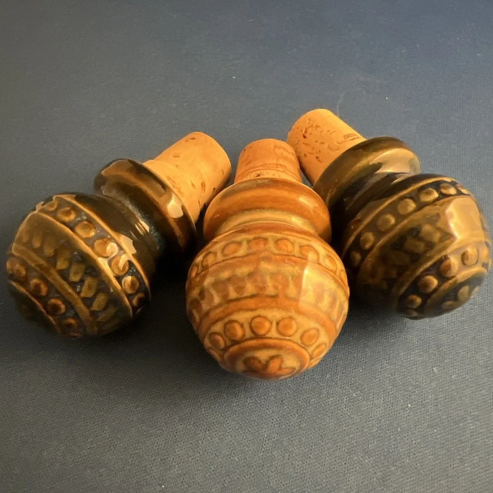 Set of 3 Vintage Ceramic/Porcelain Bottle Stoppers Blue And Sand Colors